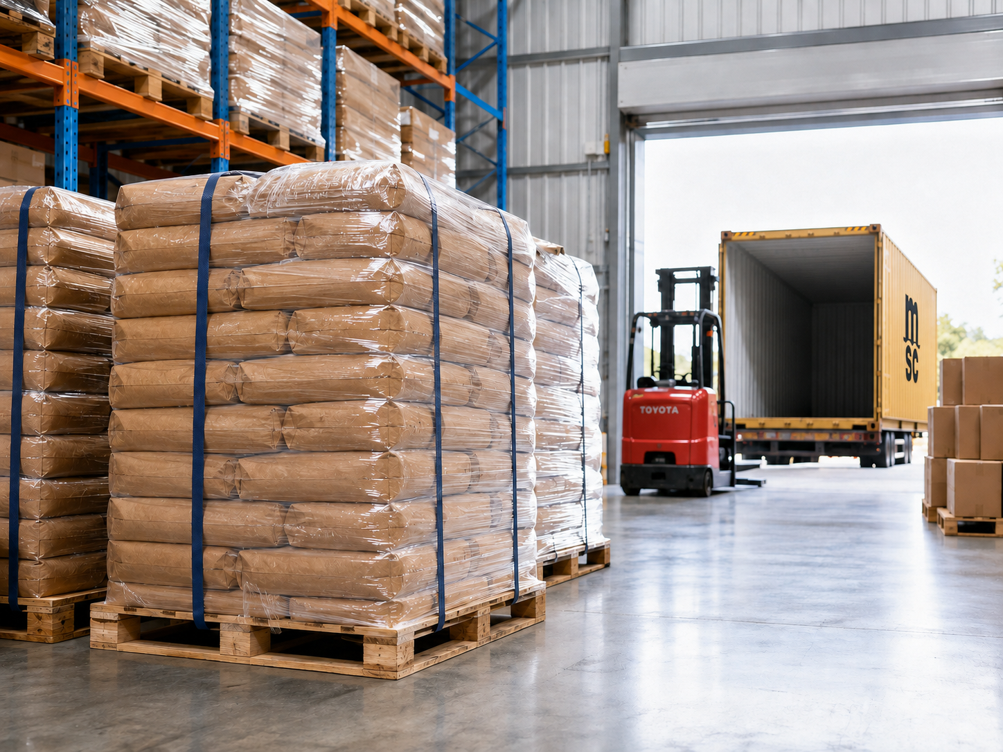 Export-ready specialty resin products stored in a clean warehouse