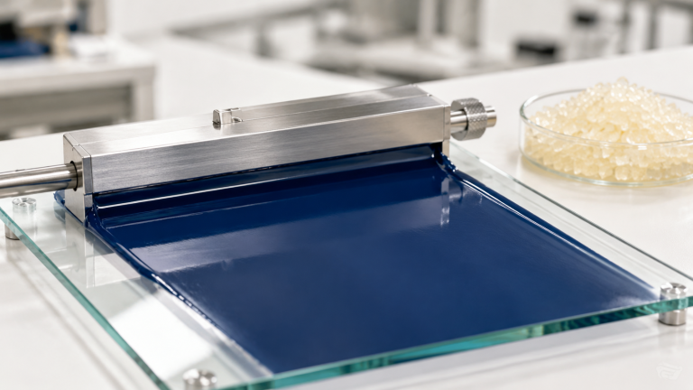 Laboratory drawdown test of deep blue printing ink with resin granules