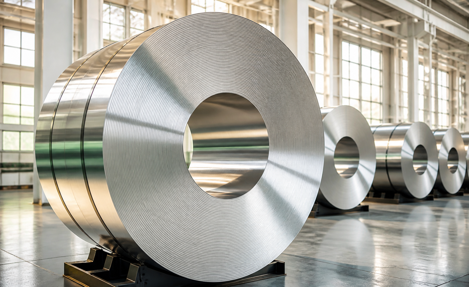 Silver metal coils in a modern industrial setting