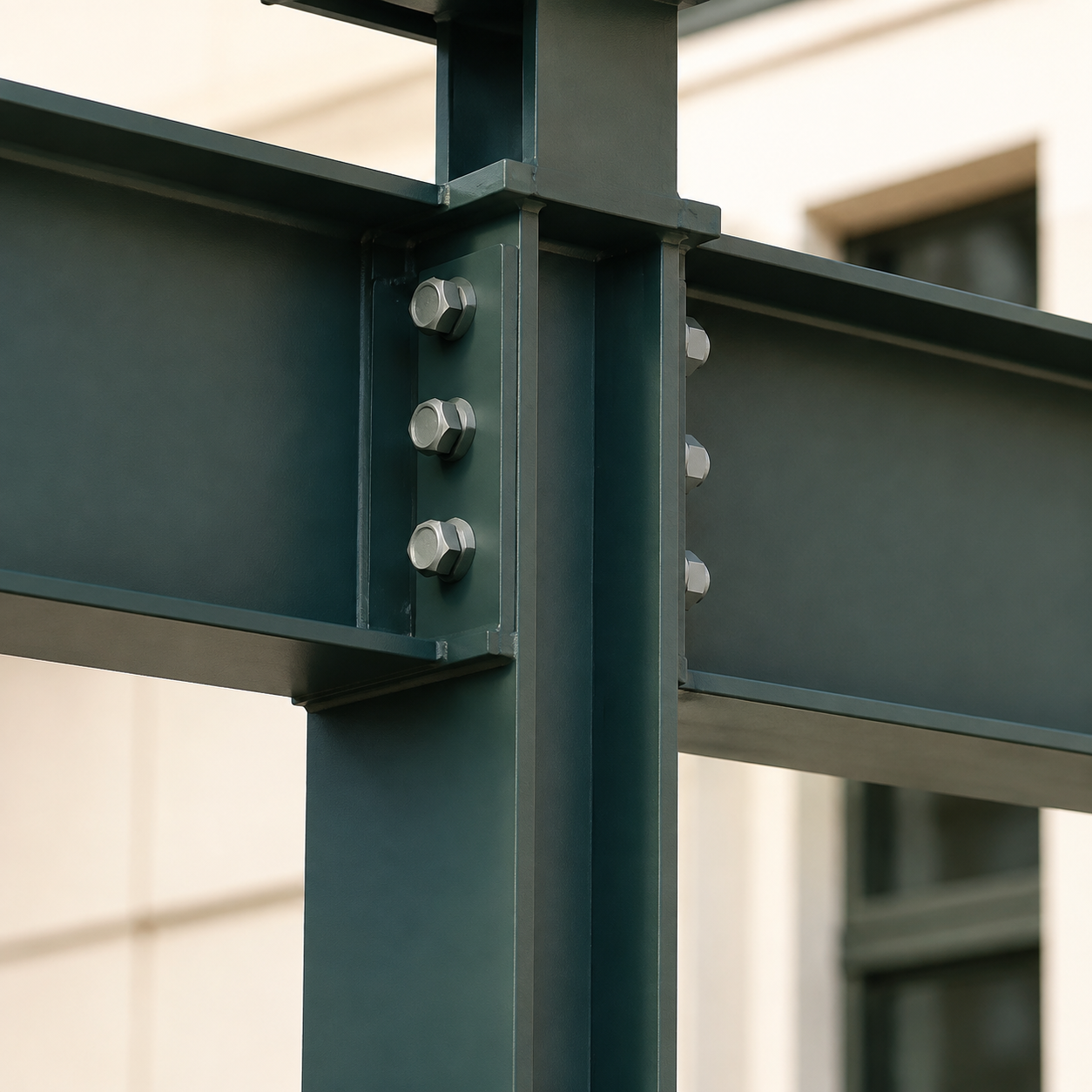 Finished steel beam and bolted industrial connection