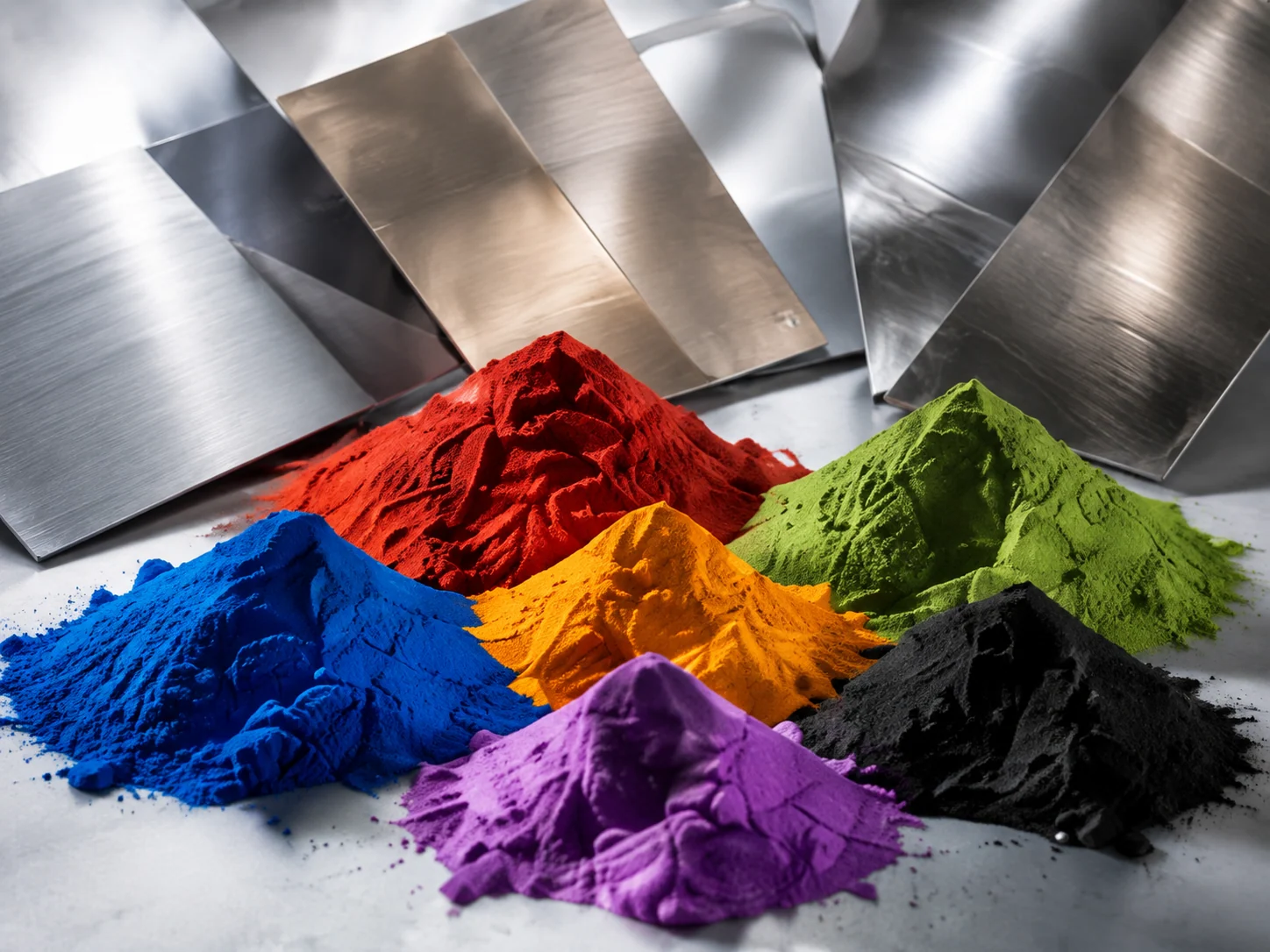 Colorful powder pigments alongside coated metal samples