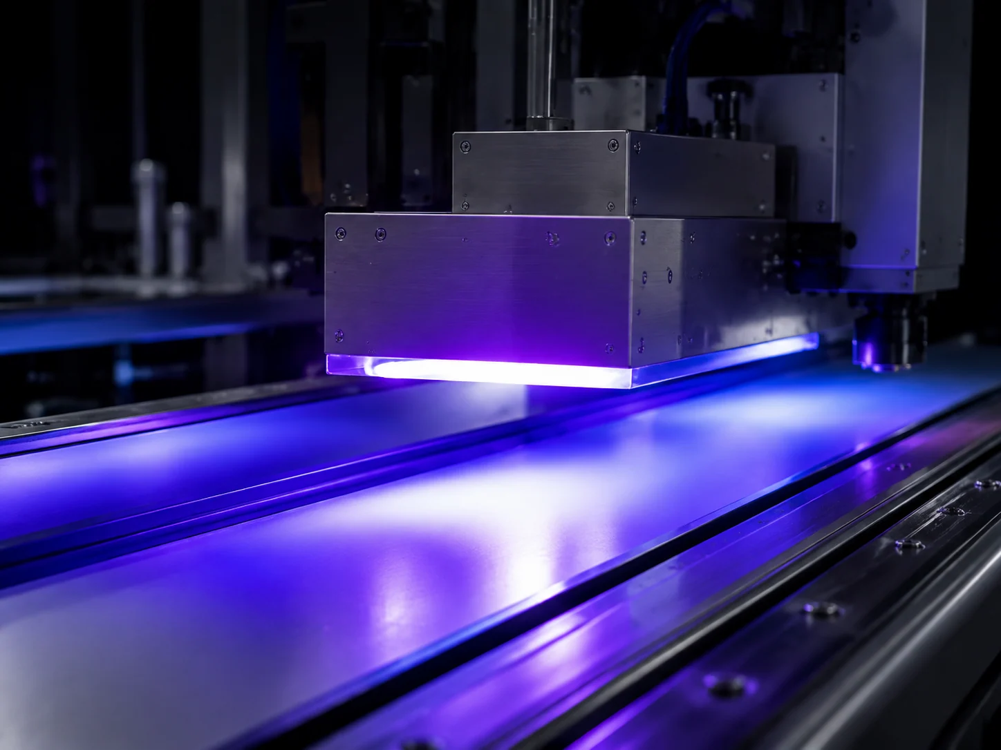 Violet light illuminating an industrial UV curing line