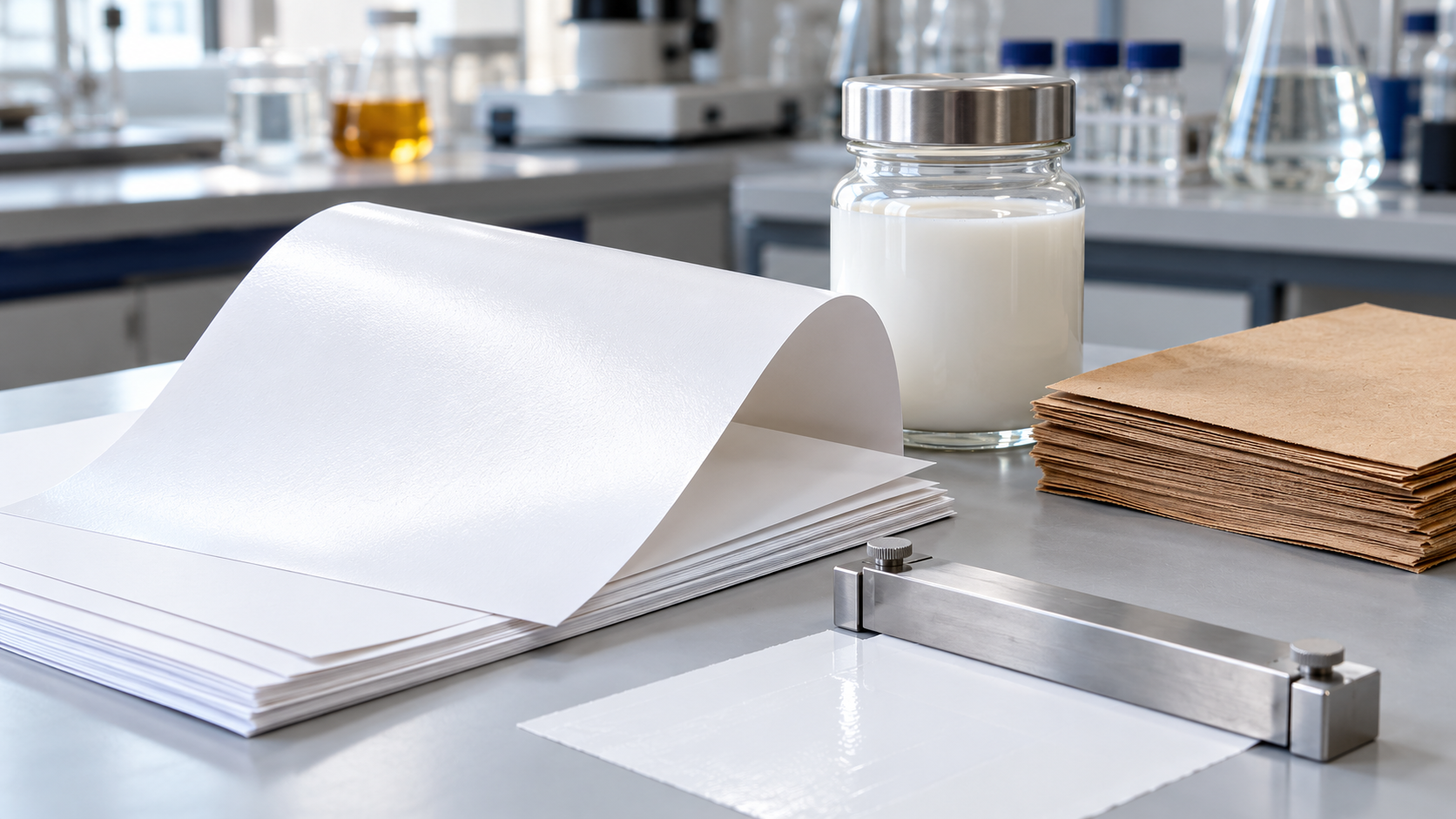Coated paper sheets, kraft paper samples and a binder jar beside a coating applicator.