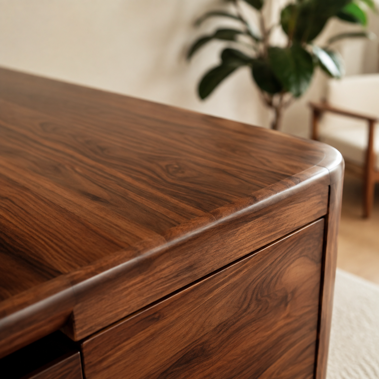 Rich walnut grain on a finished furniture surface